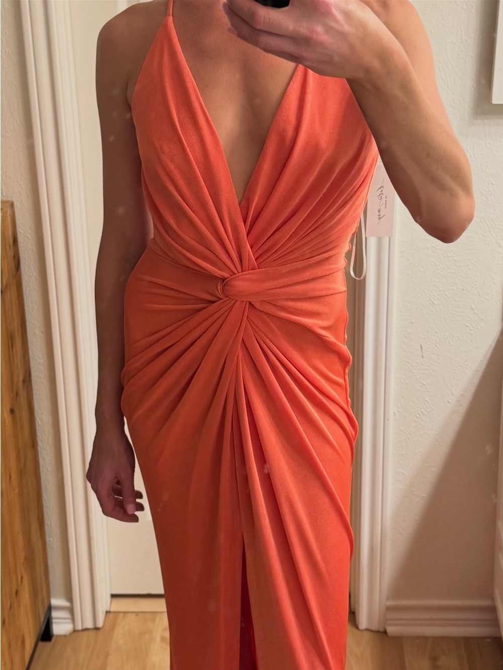Katie May Coral-Orange Knot-Front Plunge Gown